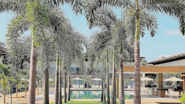 Een resort met een zwembad, palmbomen en terrassen.