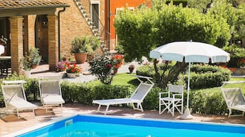 Seasonal outdoor pool, pool umbrellas, sun loungers