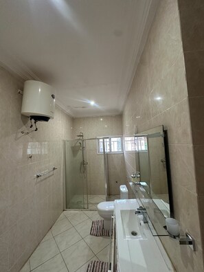A modern bathroom with a glass-enclosed shower, a toilet, and a sink with a mirror. - Luxury Spacious two bedroom apartment for comfortable living. Well furnished . (Banjul)