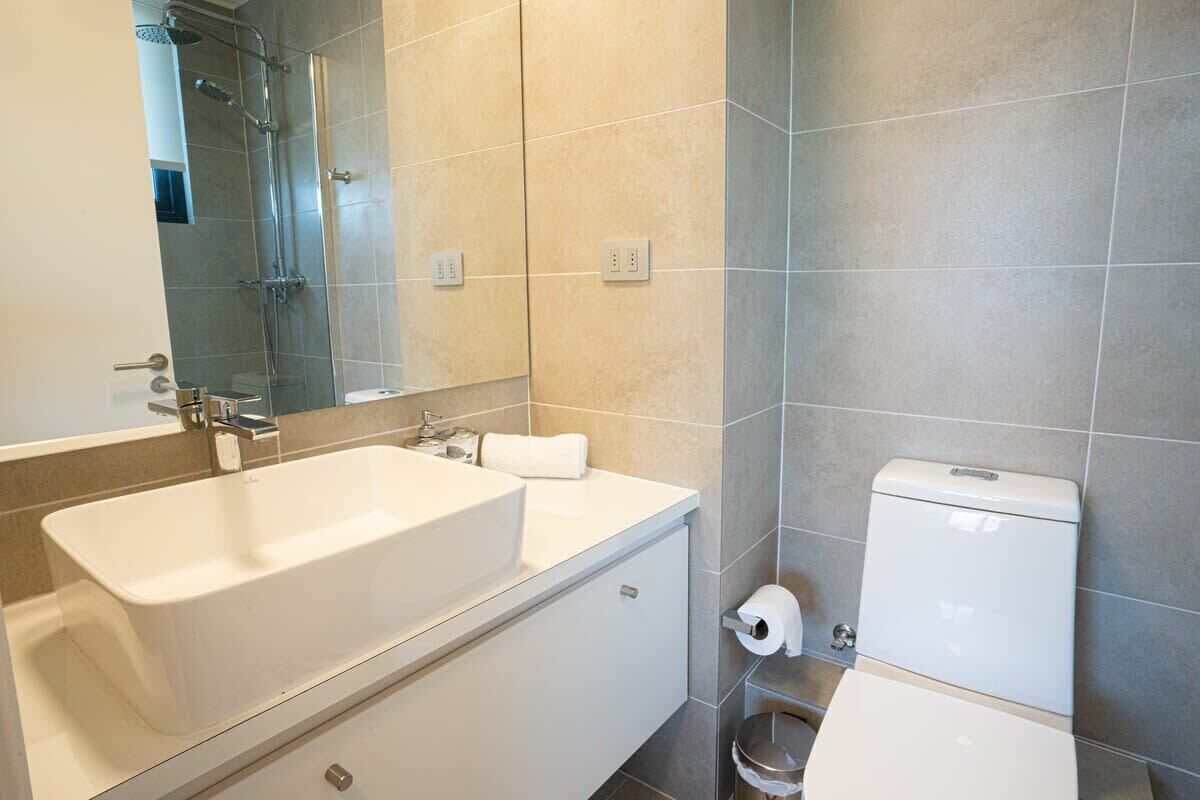 A bathroom with a large white sink, a mirror, a toilet, and a shower area.