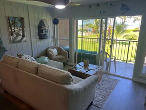 Living area - Beachfront condo, completely remodeled in a serene setting with views of Lanai! (Kaunakakai)