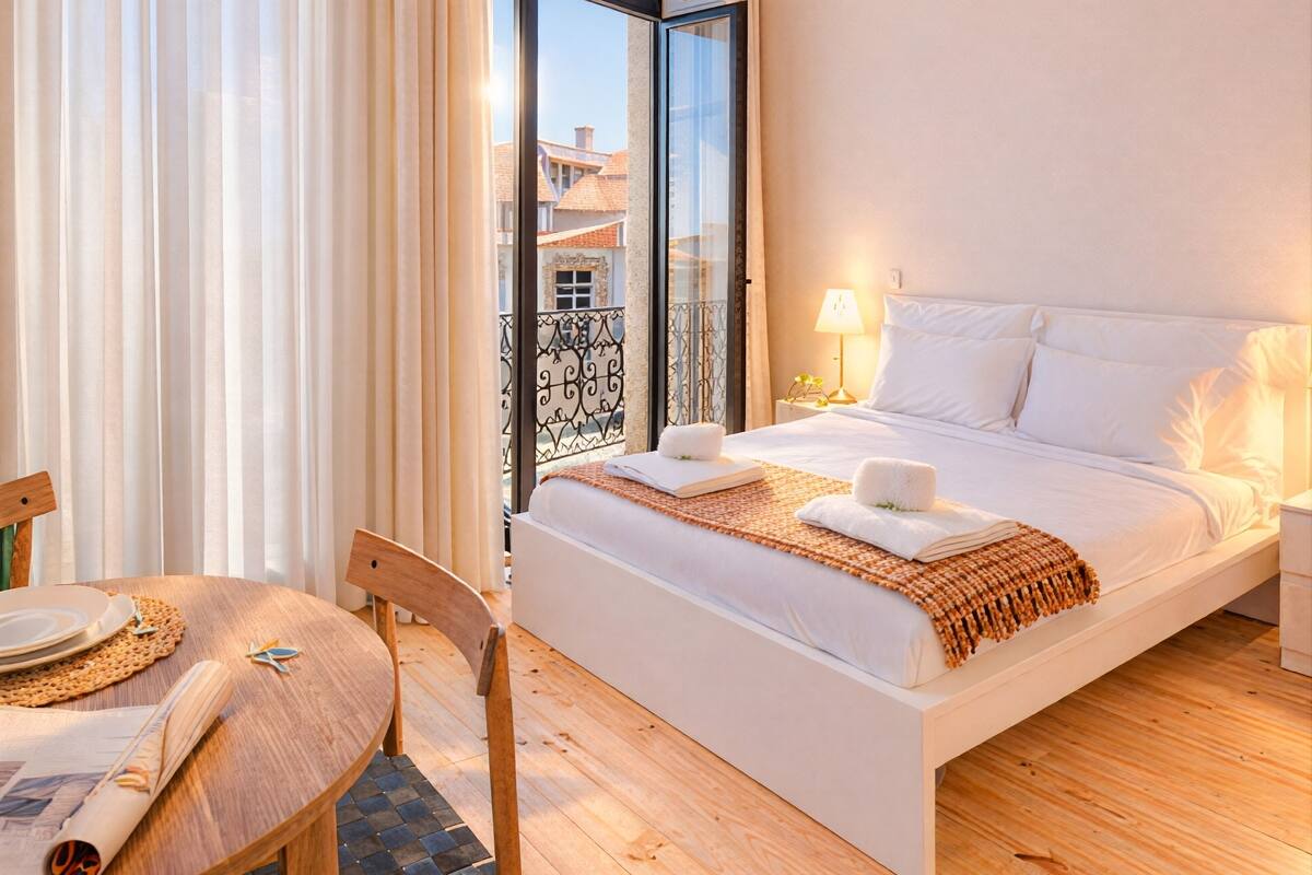 A hotel room with a bed, a table with plates, a chair, and a view of buildings through a window.