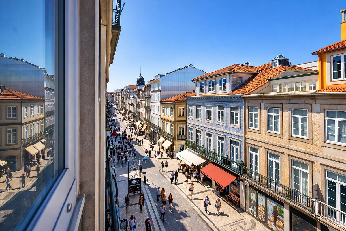 Une rue animée bordée de bâtiments historiques, avec une promenade piétonne et des espaces de restauration en plein air.