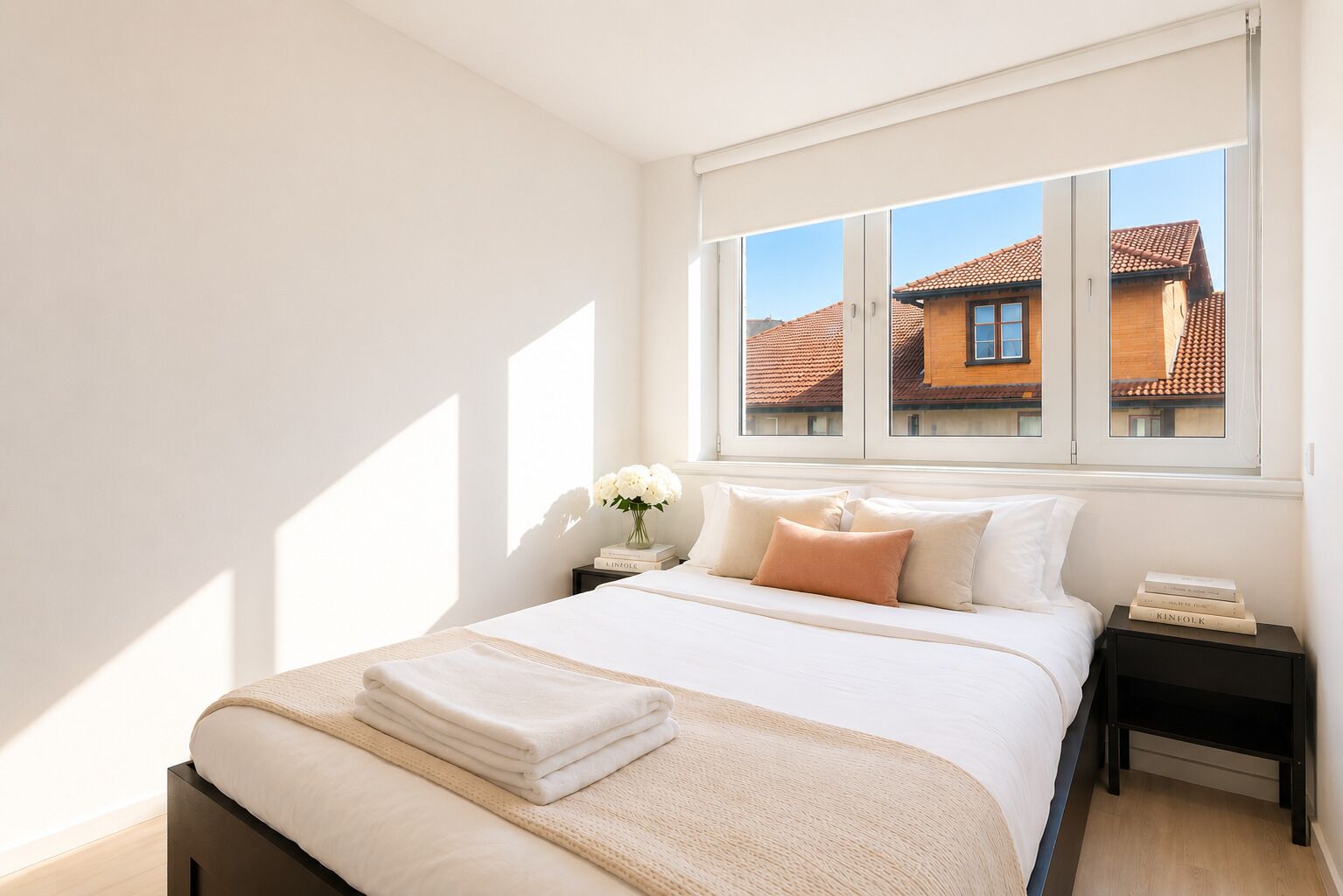 Un dormitorio con una cama grande, una mesita de noche, una ventana con vistas a edificios y un jarrón con flores.