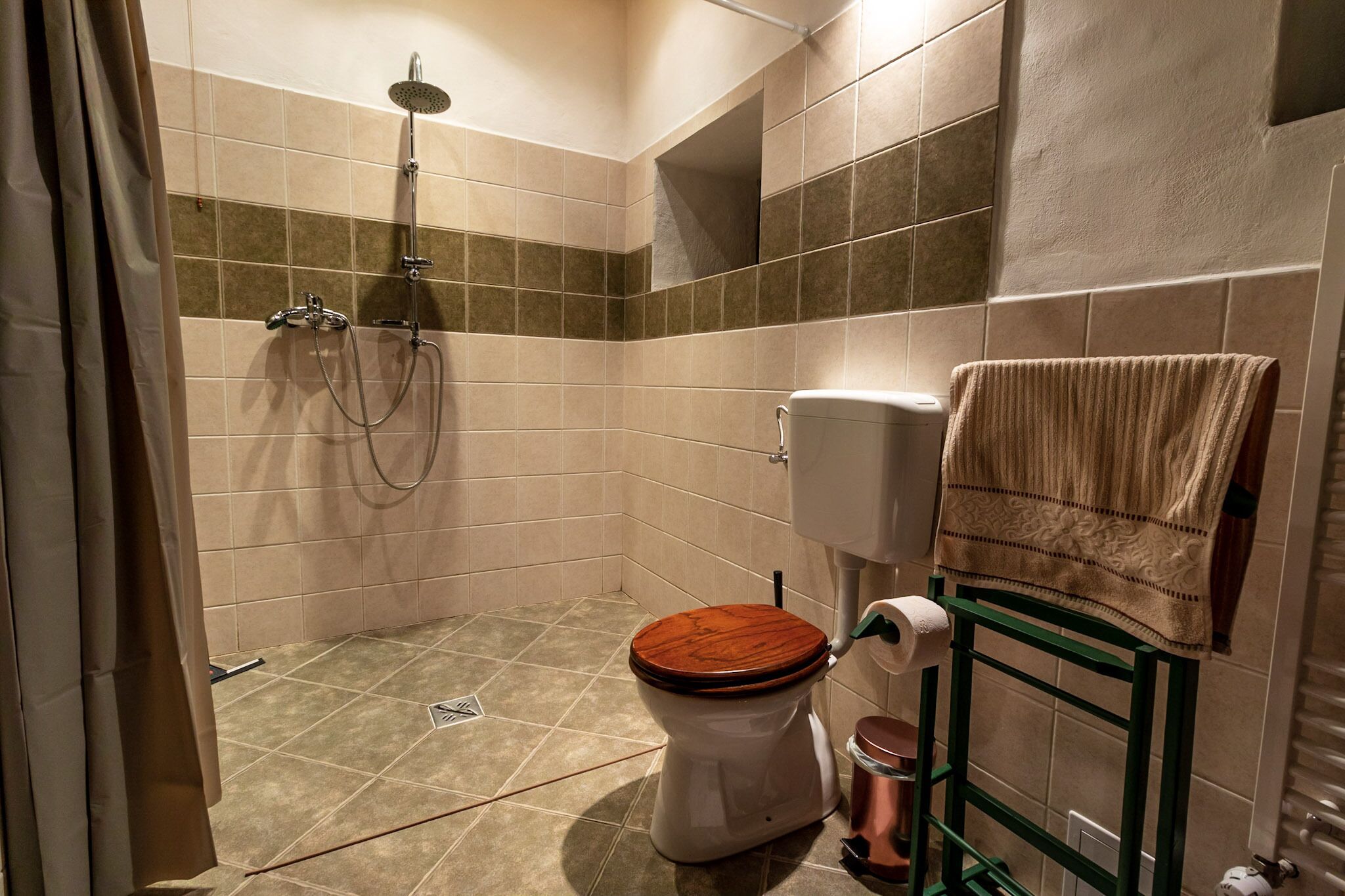 A bathroom with a shower, toilet, and towel rack.