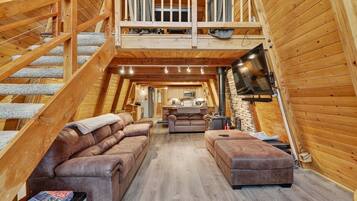 Smart TV, fireplace, foosball