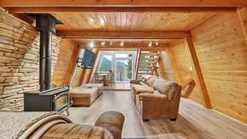 Smart TV, fireplace, foosball