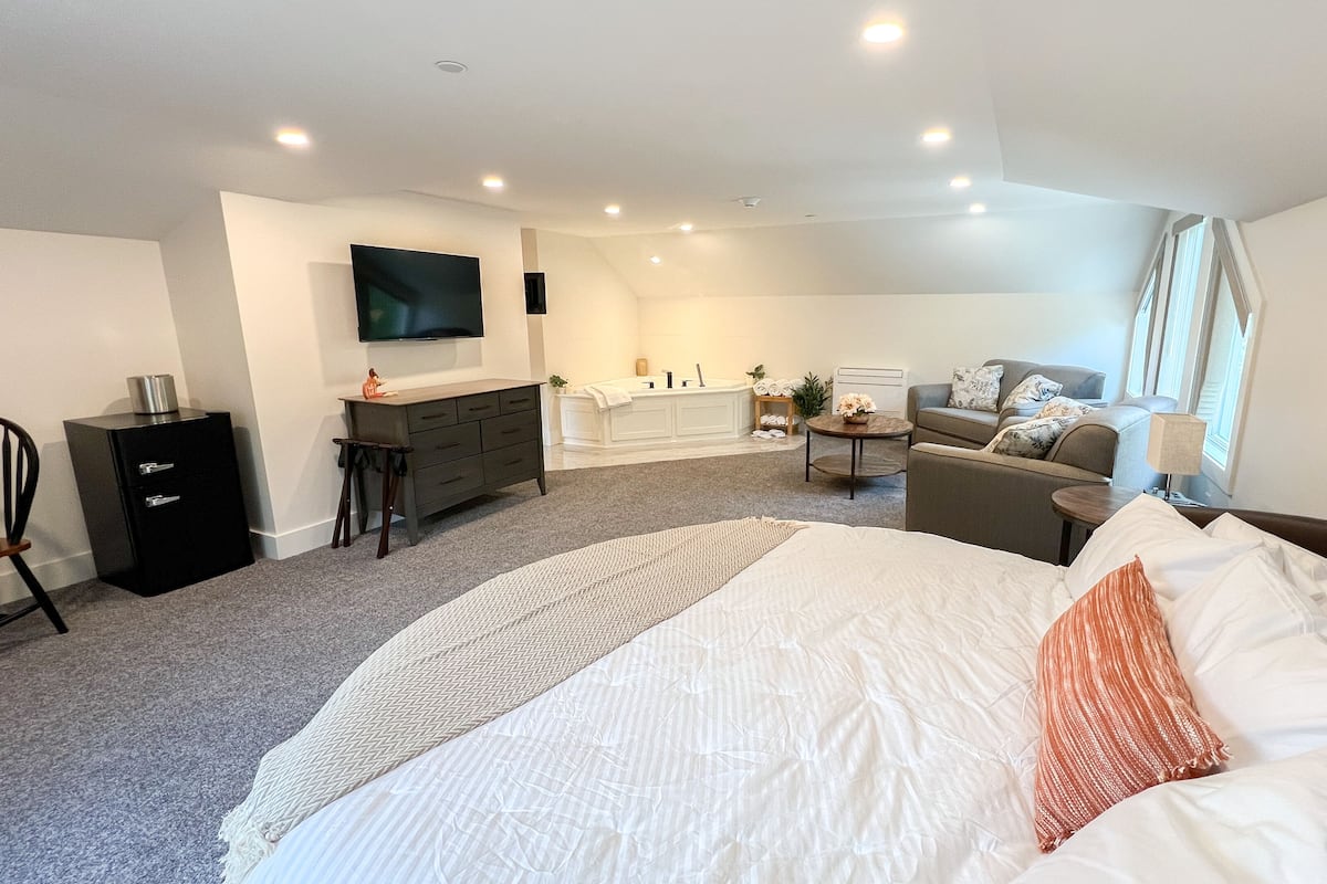 Une chambre à coucher moderne avec un grand lit, un bureau, un canapé, une télévision et une baignoire.