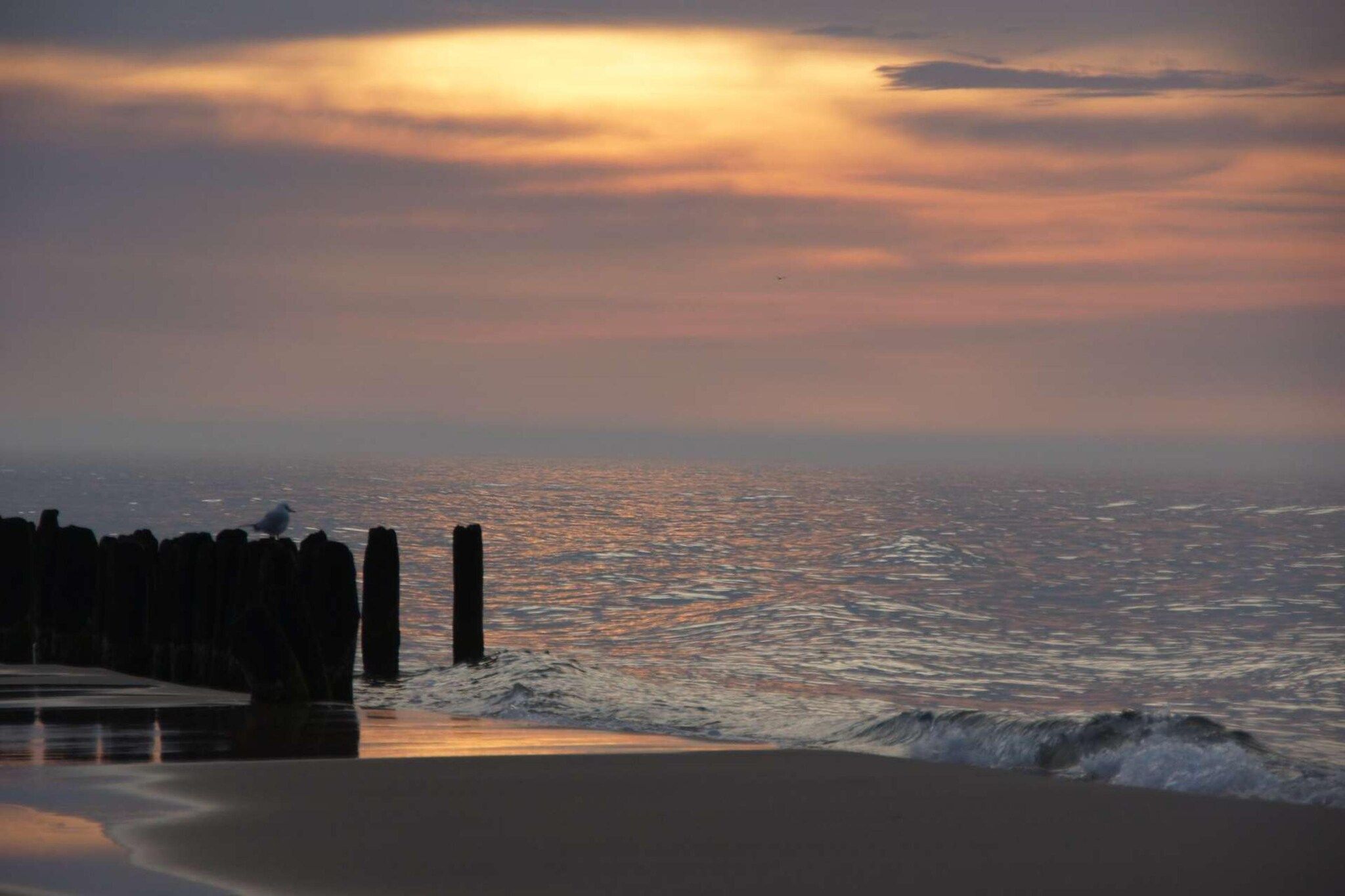Eine Küstenansicht mit einem hölzernen Steg, der ins Meer führt, Wellen, die an das Ufer schlagen, und einem Sonnenuntergang im Hintergrund.
