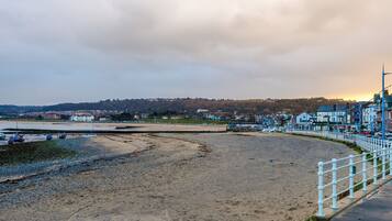 A beach with a white fence, a row of houses, and a distant hill.