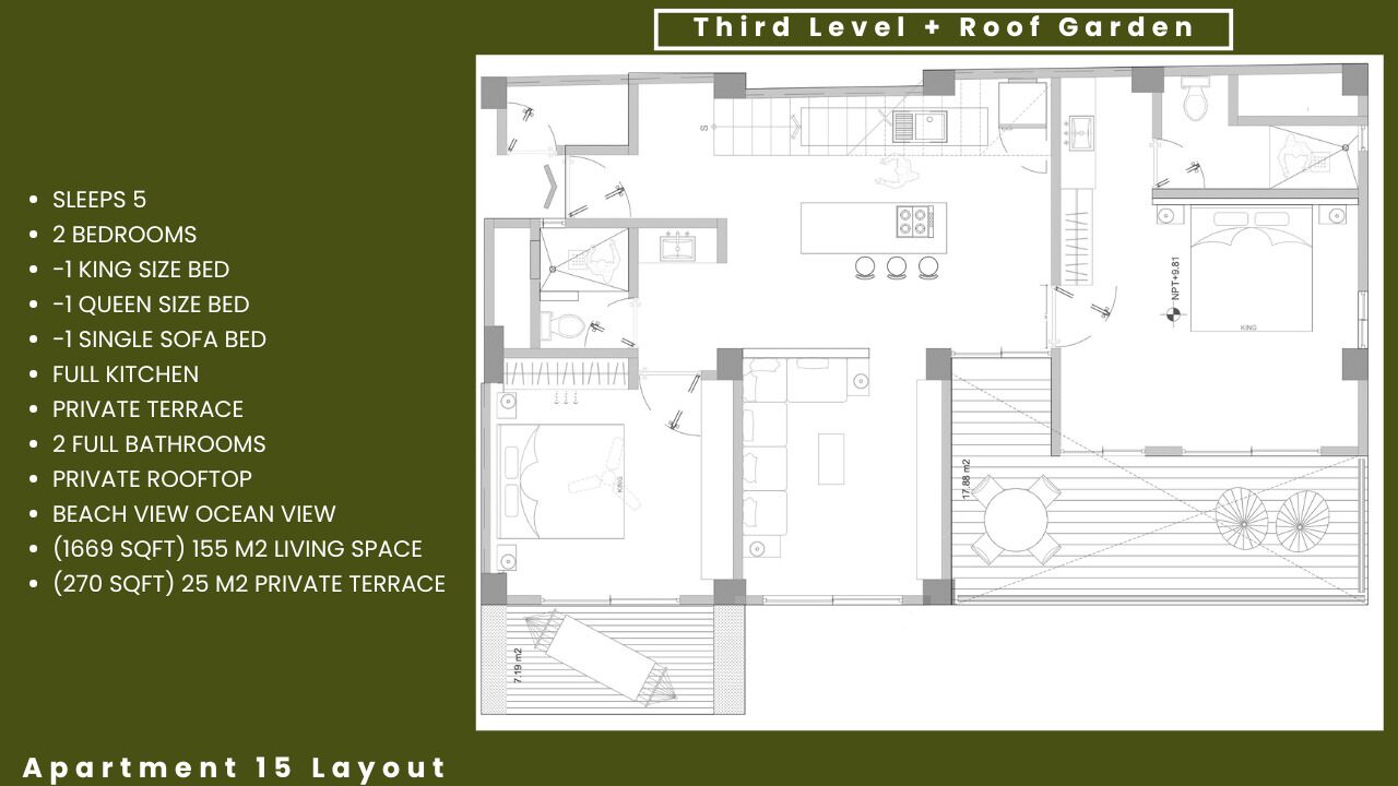 A floor plan of a third level apartment with a roof garden, including 5 bedrooms, a full kitchen, 2 bathrooms, a private terrace, and a beach view.