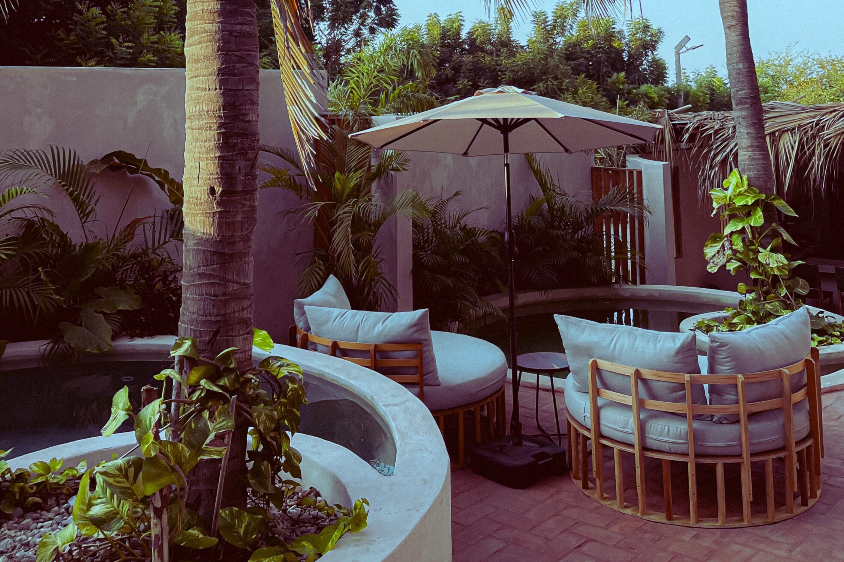 A circular seating area with a pool, surrounded by palm trees and plants.