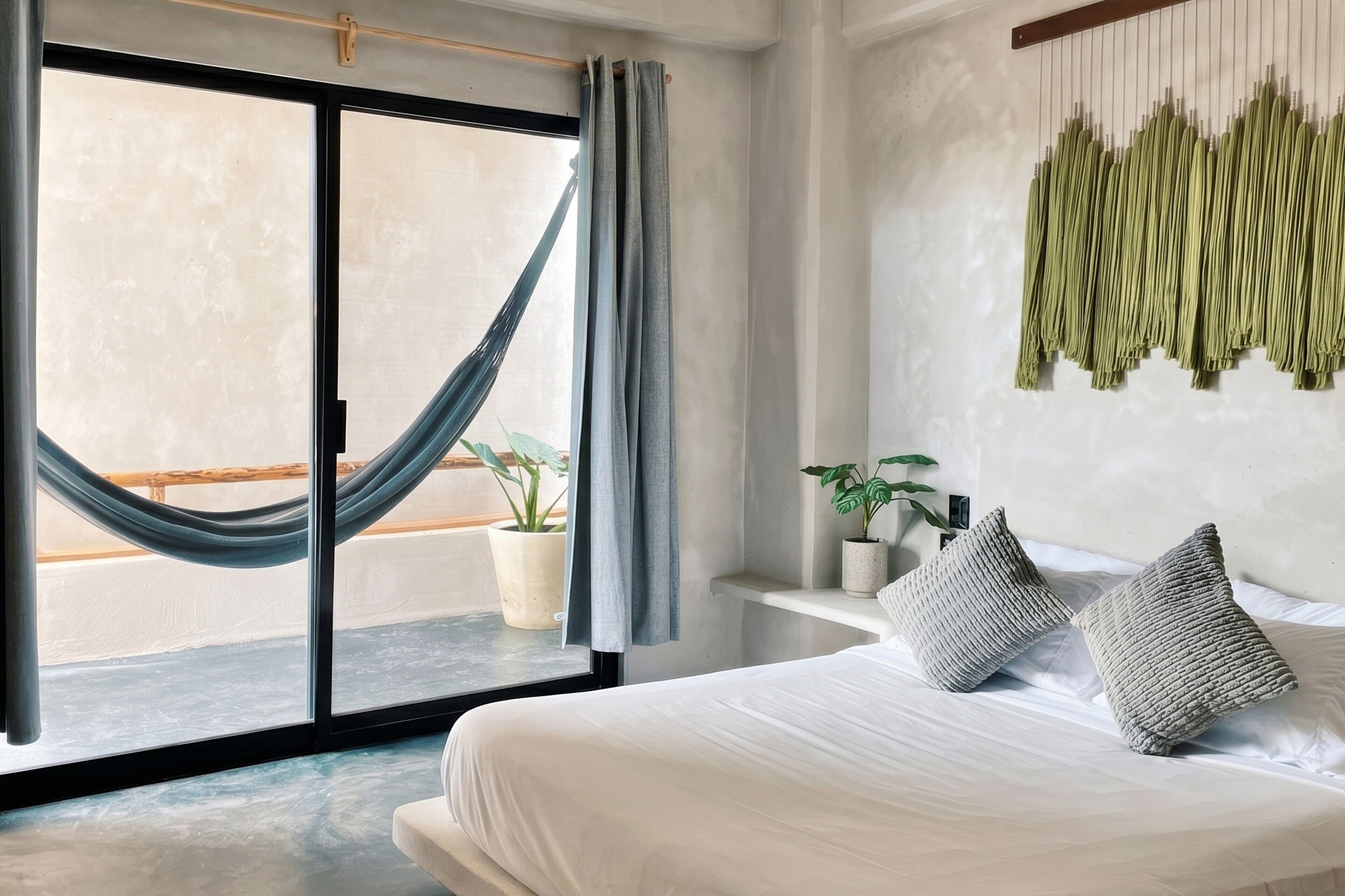 A bedroom with a bed, a window with a view, a curtain, and a wall-mounted plant.