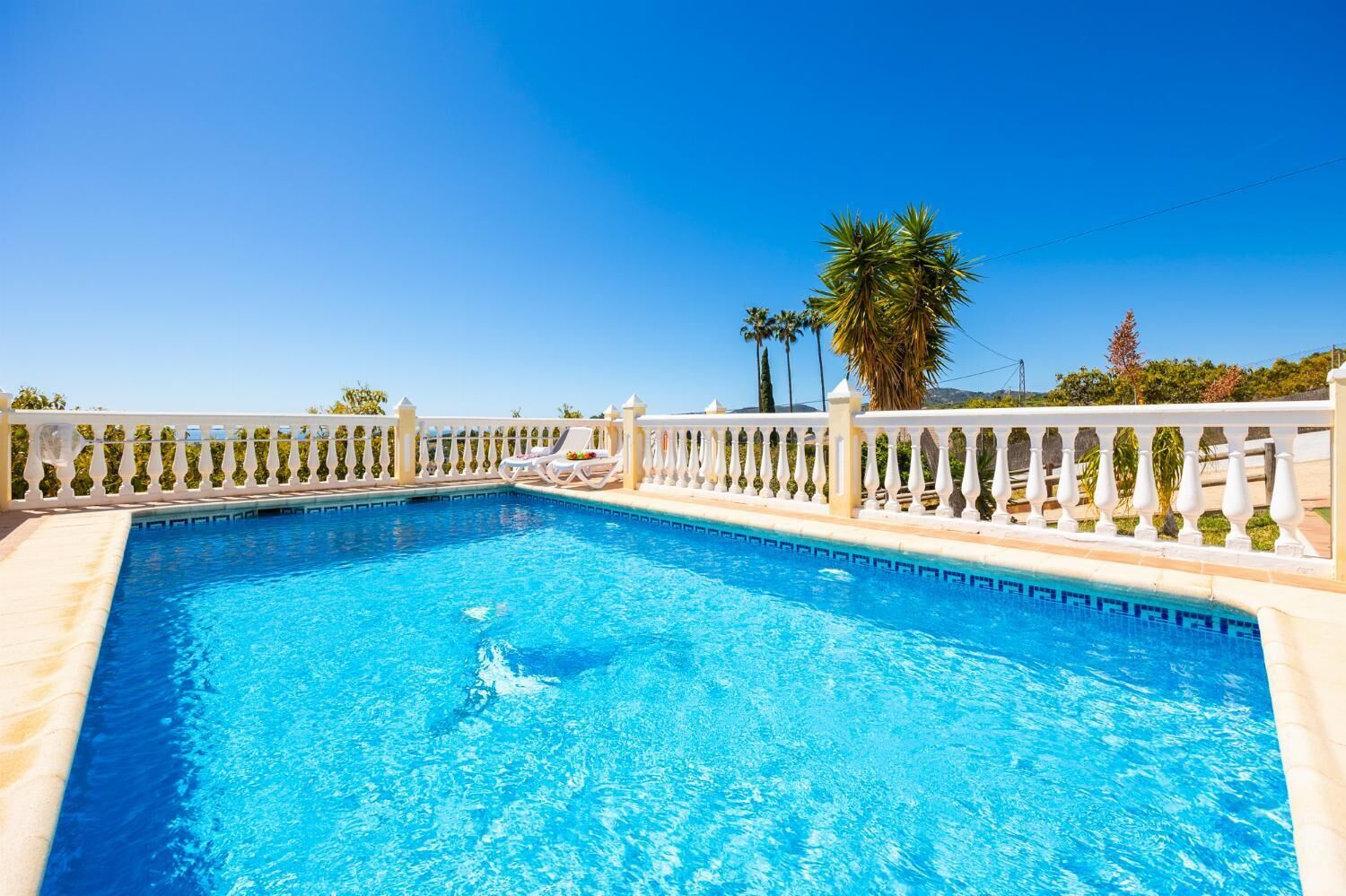 Una piscina rectangular con agua azul cristalina, rodeada por una barandilla blanca y palmeras.