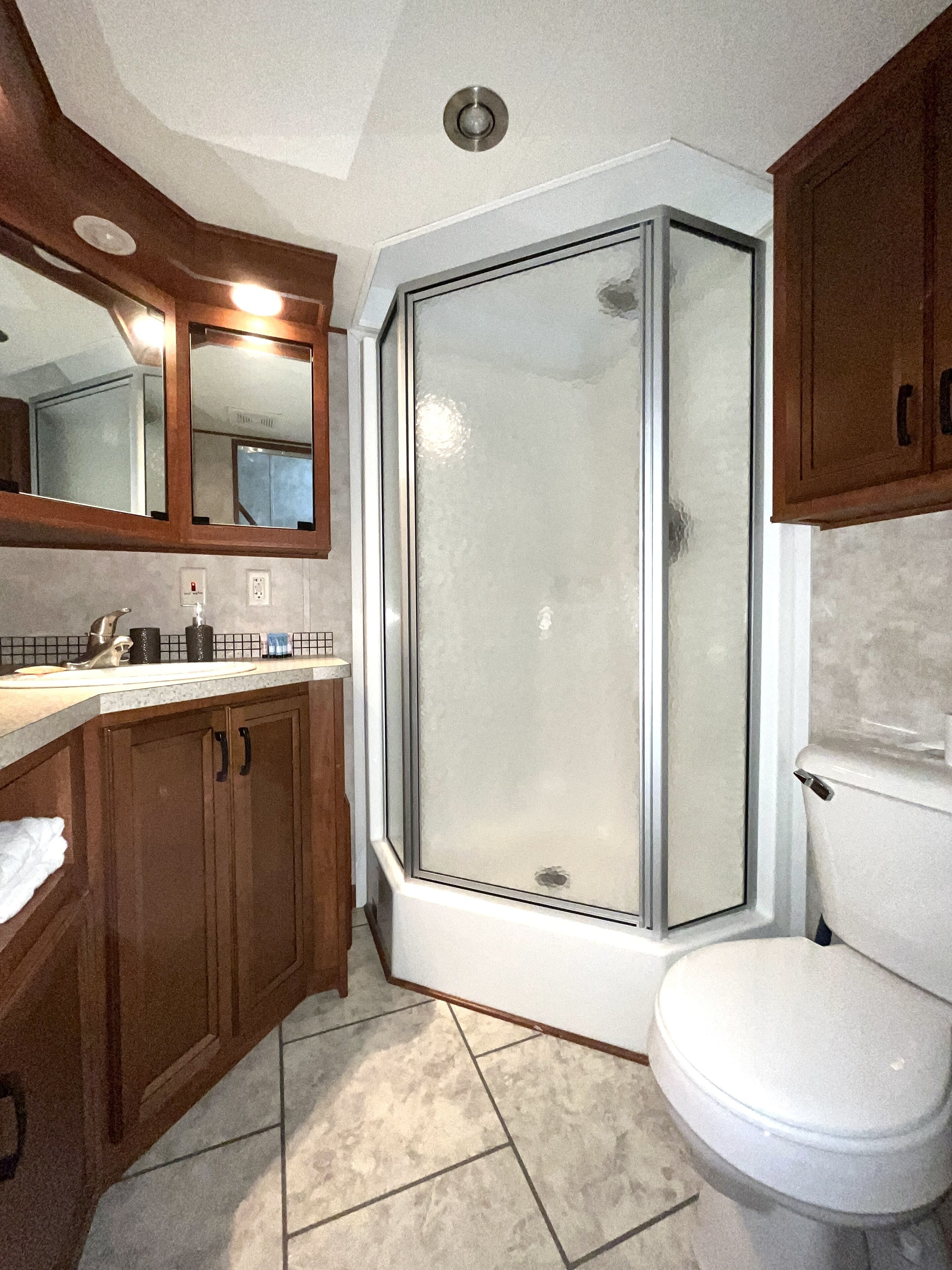 Shower, towels, soap, shampoo