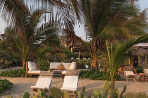 على الشاطئ، كراسي للتشمس، مظلات الشاطئ، جلسات تدليك على الشاطئ