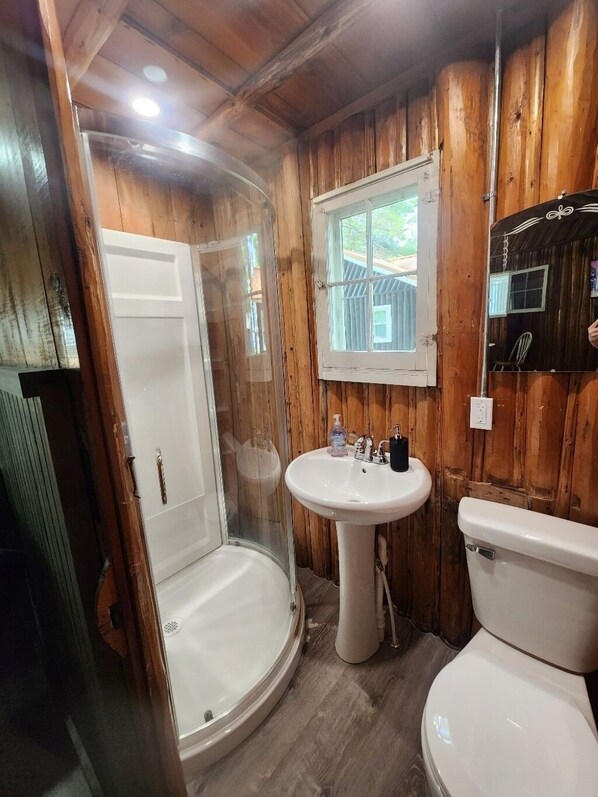 Regadera, toallas, papel de baño