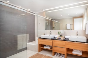 Shower, hair dryer, towels, shampoo