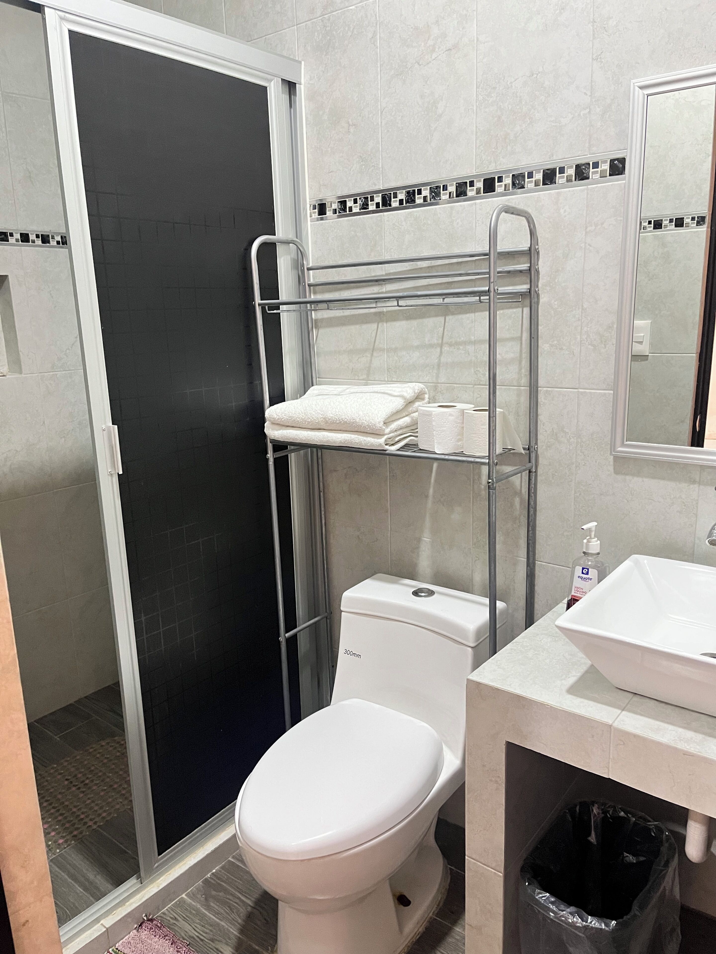 Un bagno con un water, un lavandino, un porta asciugamani e una zona doccia.