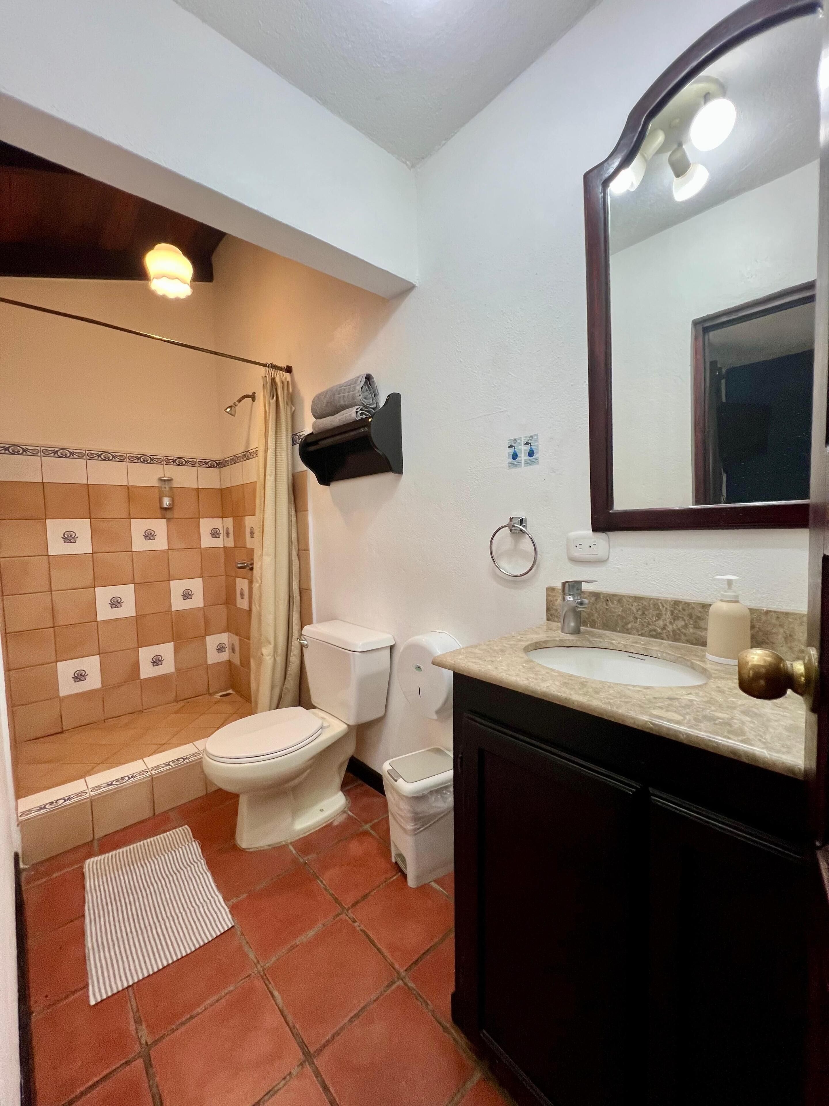 Une salle de bain équipée d’une douche, de toilettes, d’un lavabo et d’un miroir.