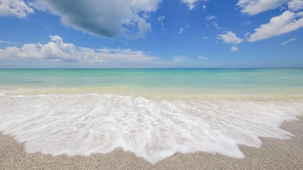 A beach with clear turquoise water and a sandy shore.