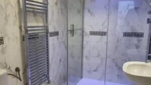 Un bagno con doccia vetrata, un water e un lavandino.