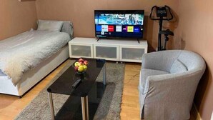 Habitació petita moblada amb llit, sofà, televisió i cadira.