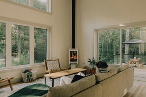 TV connectée, cheminée, livres