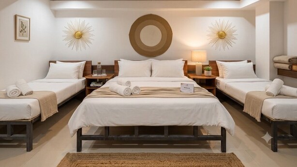 A hotel room with four beds arranged in a U-shape, a central round wall decoration, and two wall-mounted sunburst light fixtures. - Navanakorn Aomsin Hotel near Big C Super (Khlong Luang)
