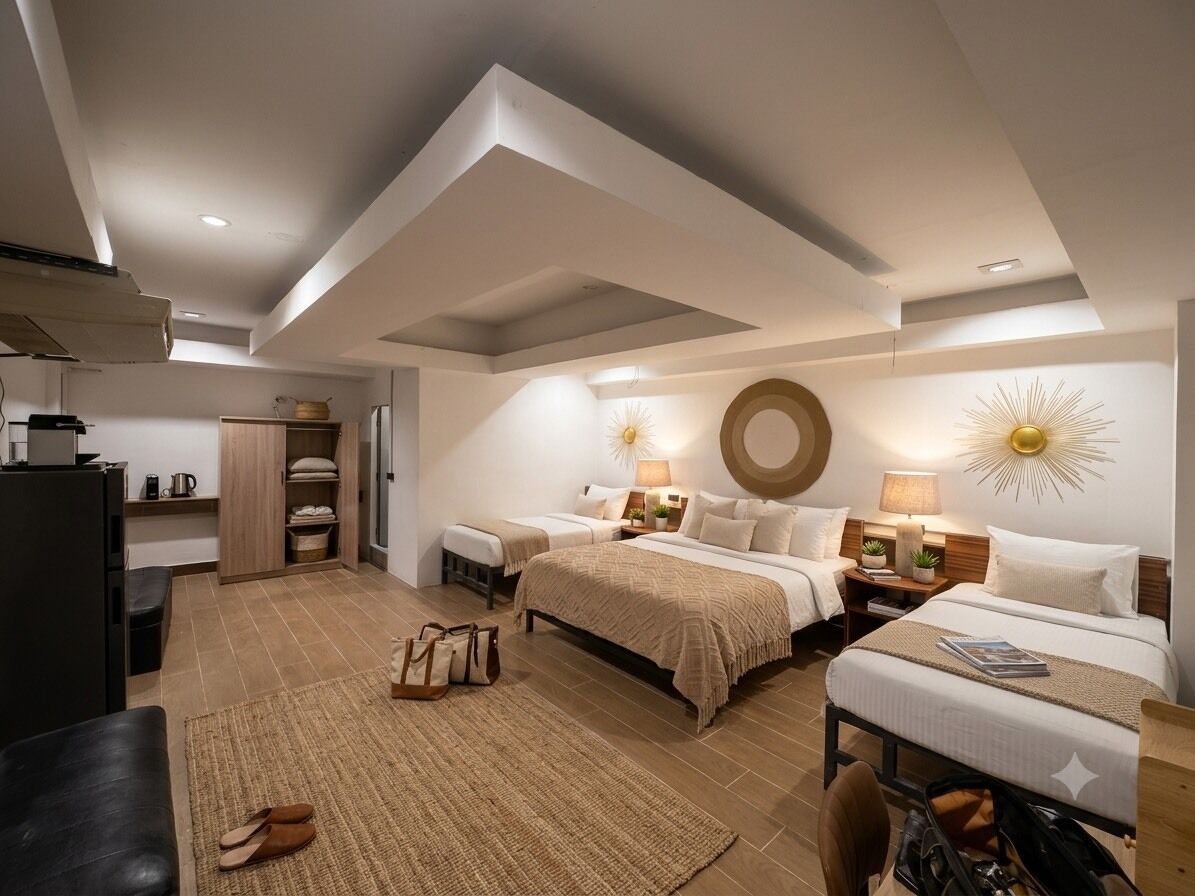 Ein modernes Hotelzimmer mit zwei Betten, einer Küchenzeile, einem großen Spiegel und einer Wanddekoration mit Sonnenstrahlen.