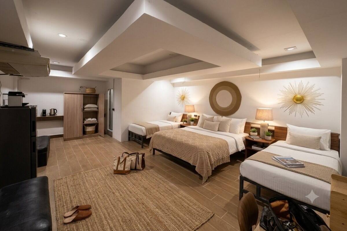 A modern hotel room with two beds, a kitchenette, a large mirror, and a sunburst wall decoration.