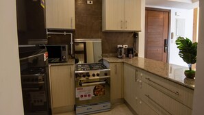 Una cocina compacta con estufa a gas, horno, microondas y muebles empotrados.