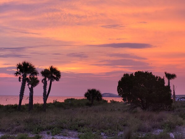 A sunset view with palm trees and a bridge in the distance. - Plantation at St George Island Fl.. Beautiful beach view from all bedrooms . (Saint George Island)