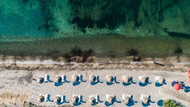 Luftaufnahme eines Strandes mit Reihen von Liegestühlen und Sonnenschirmen, einem klaren Blick auf den Ozean und einem Sandstrand.