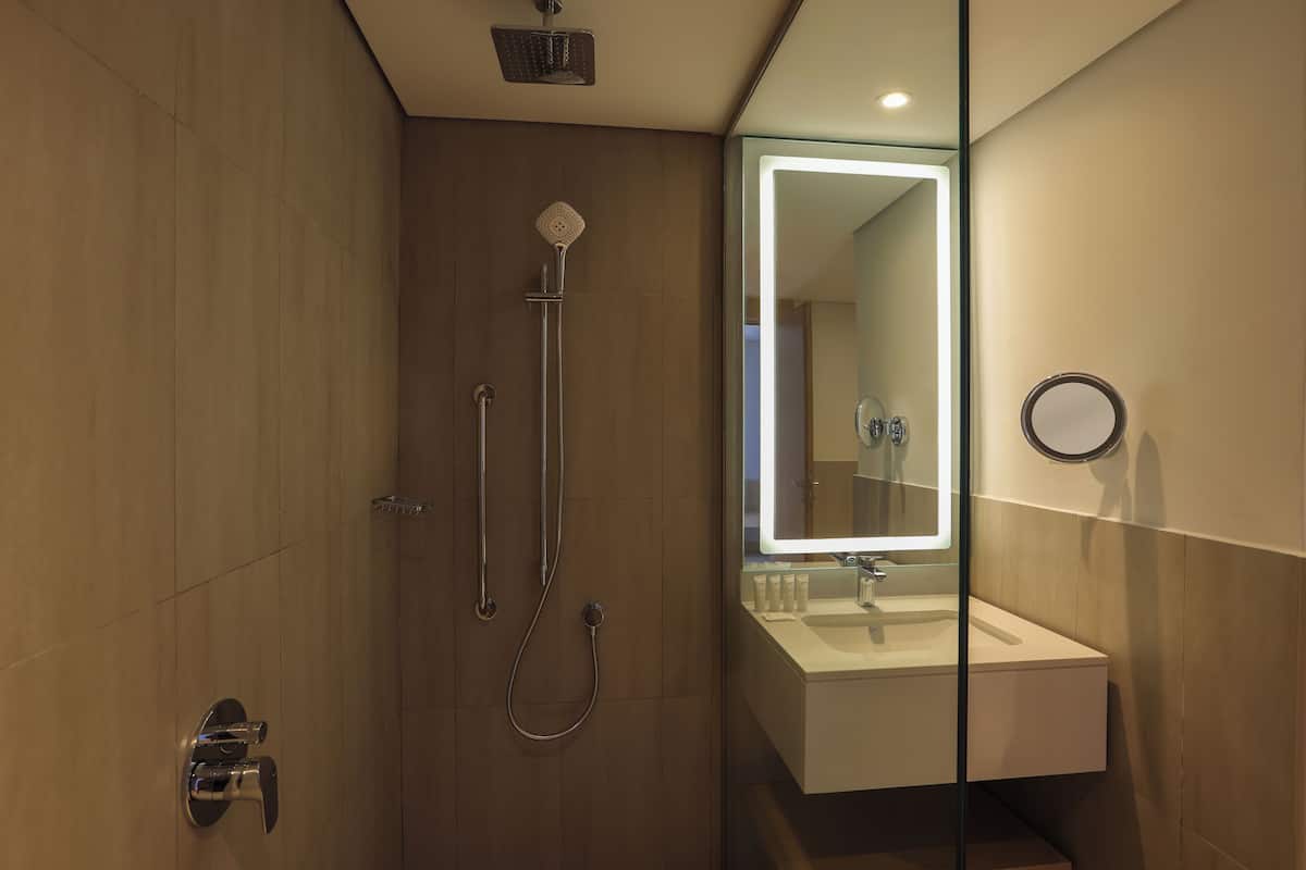 Shower, rainfall showerhead, designer toiletries, hair dryer