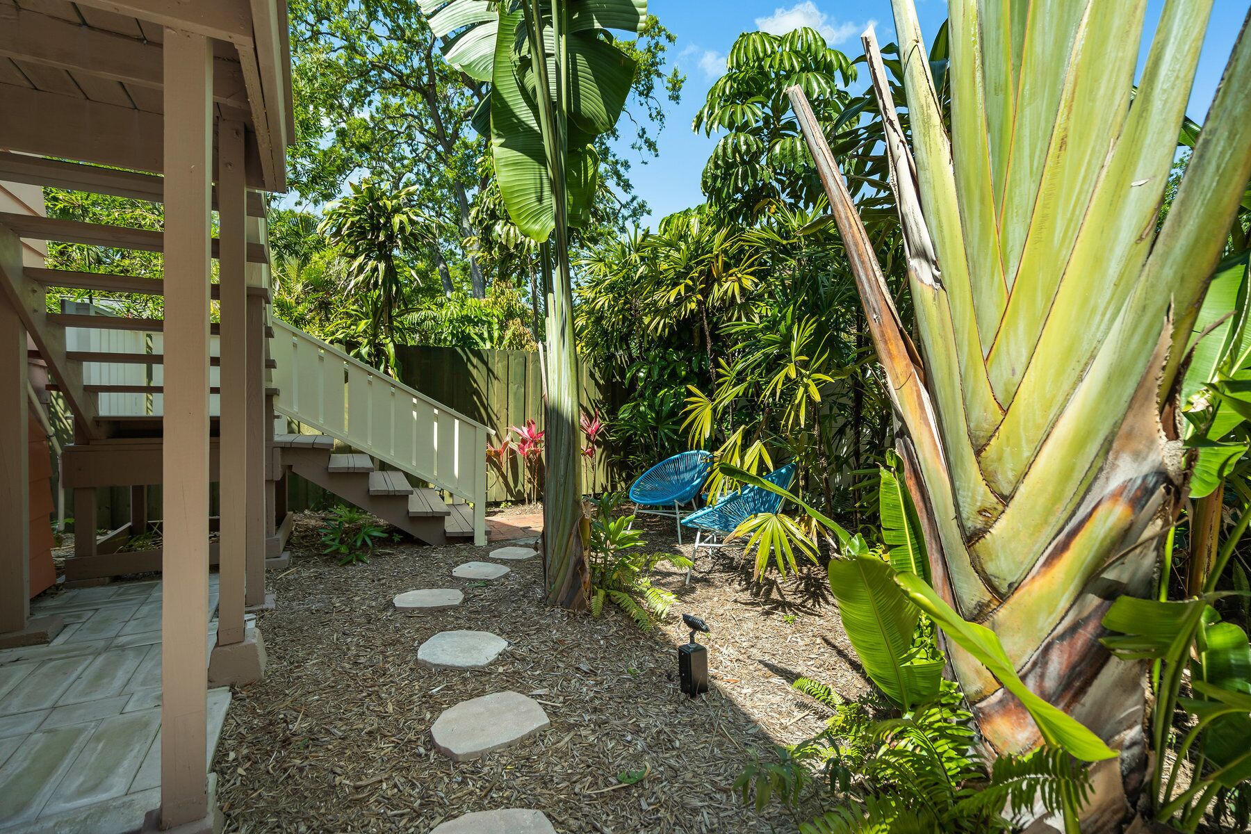 A wooden staircase leading to a covered area with a view of tropical plants and a blue chair.