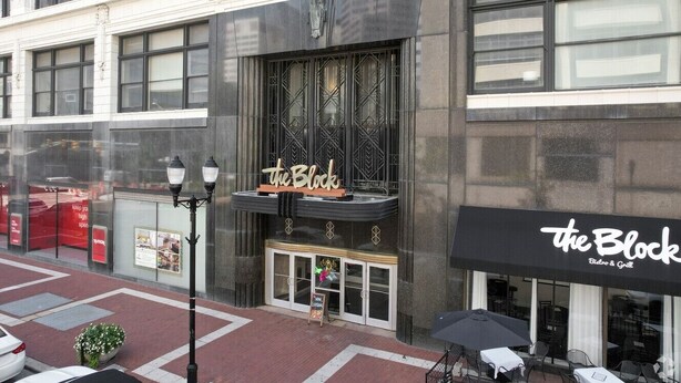 Un edificio con un cartel que dice "the Block" y un letrero para "The Block Bistro & Grill" debajo.