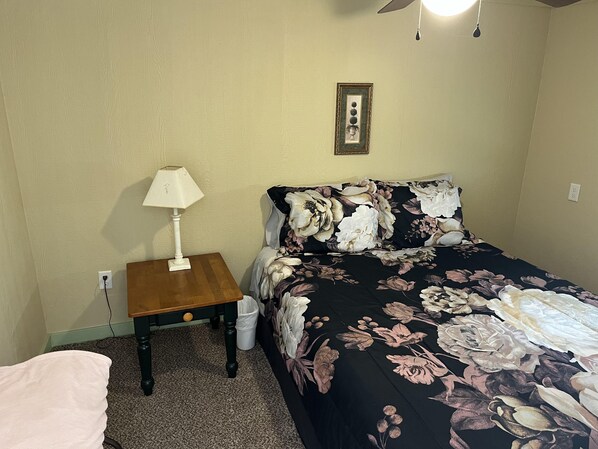 A bedroom with a bed, a nightstand, a lamp, a wall-mounted picture, and a ceiling fan.