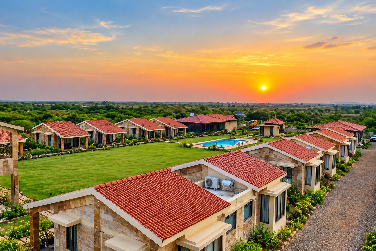 A resort with multiple villas, a swimming pool, and a clear view of the sunset.