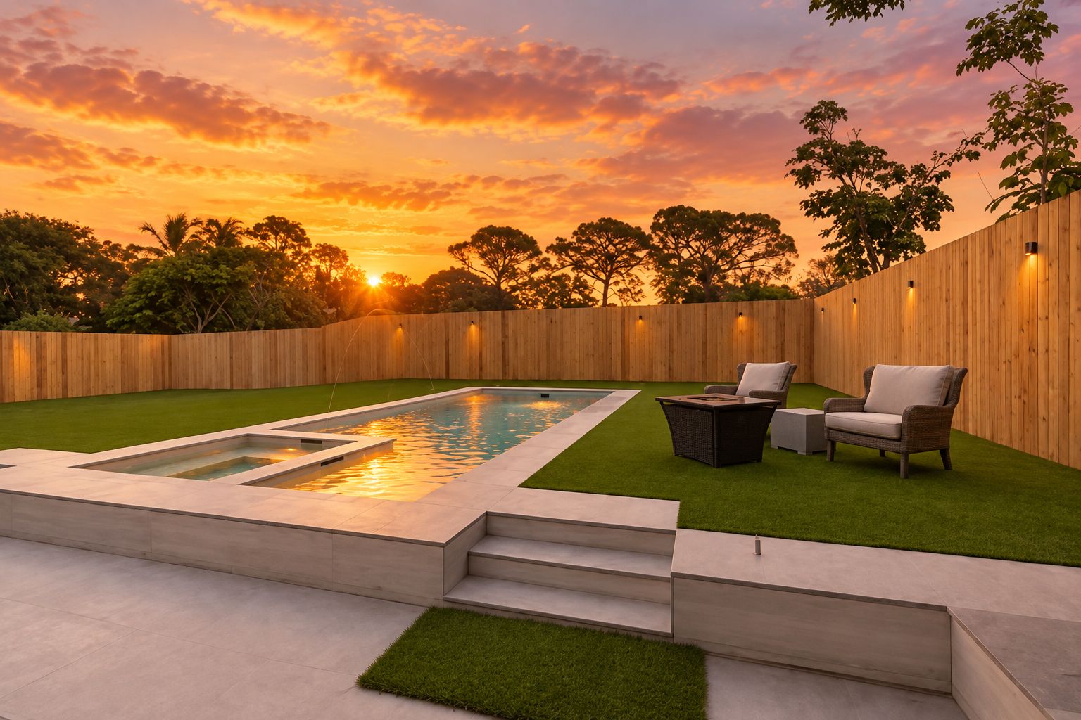 A backyard with a swimming pool, artificial grass, and outdoor furniture.