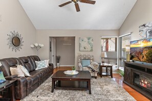 Smart TV, fireplace, books