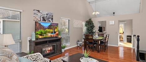 Smart TV, fireplace, books