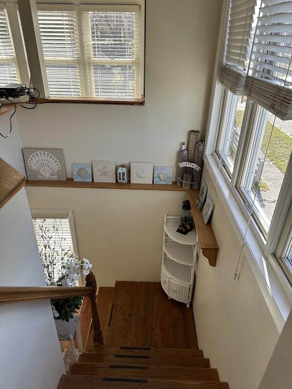 A staircase with wooden steps and a white wall. There are several framed pictures on a shelf above the stairs.