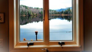Ein Fenster mit Blick auf einen See und einen Wald.