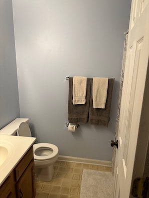 Een kleine badkamer met toilet, wastafel en twee handdoeken aan de muur.