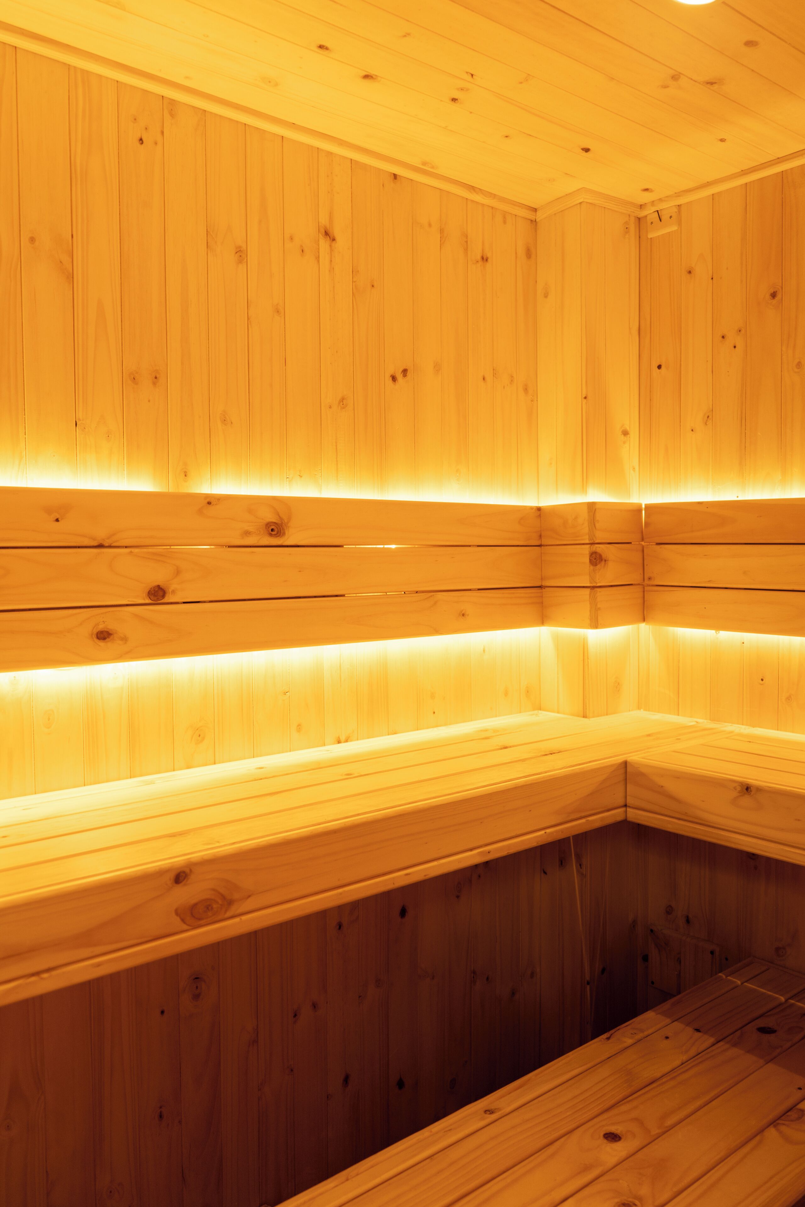 Eine Holzsauna mit Bänken und schrägverdeckter Decke.