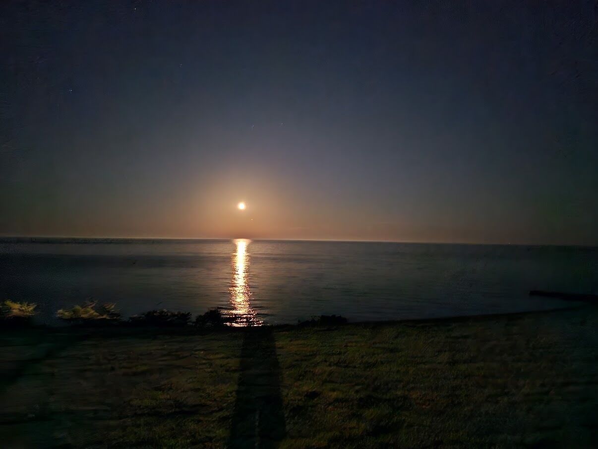 Vista nocturna de una playa con un sendero que lleva al agua, un mar tranquilo y una luna visible.