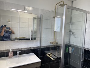 Hair dryer, towels, soap, toilet paper