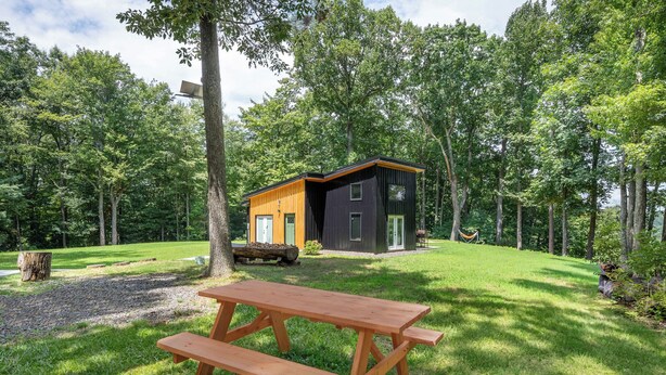 Una cabaña con una mesa de picnic en un área boscosa.