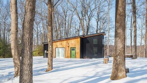 Una cabaña con fachada de madera y puerta negra, rodeada de nieve y árboles.